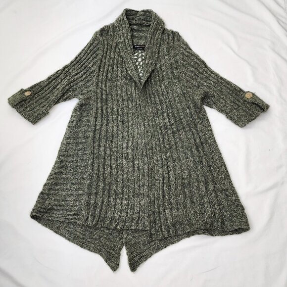 BCBG Forest Green Long Knit Cardigan Sweater Shall Collar Crochet Design Back - Picture 7 of 13